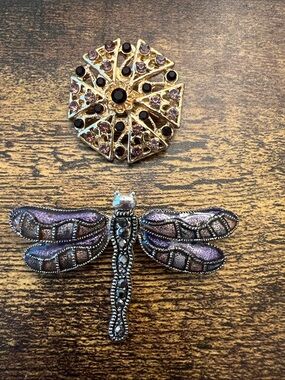 Purple Dragonfly and Gold Floral Rhinestone Brooches